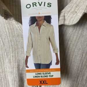Orvis Linen Blend Top Women's XXL Long Sleeve Button Up Coastal Taupe Stripe NWT